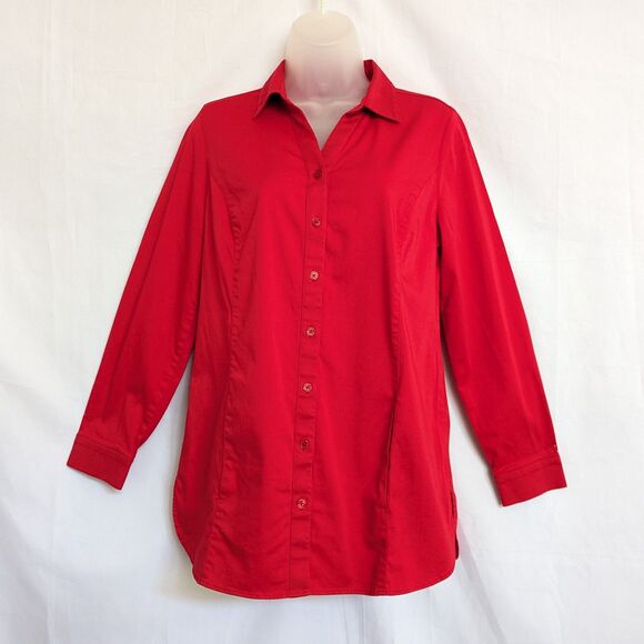 Chico's Size 0/S Red Button Up Shirt Long Sleeve Cotton Spandex Blouse Tunic - Picture 2 of 12